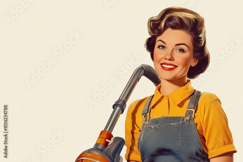 Vintage homemaker with vacuum cleaner in retro style
