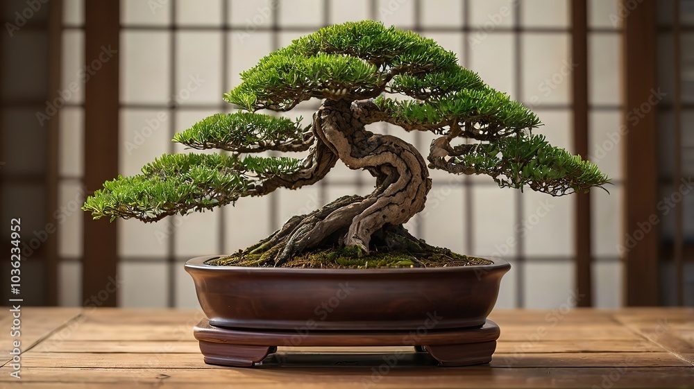 A beautiful bonsai tree displayed in a wooden pot. A beautiful bonsai tree displayed in a wooden pot.