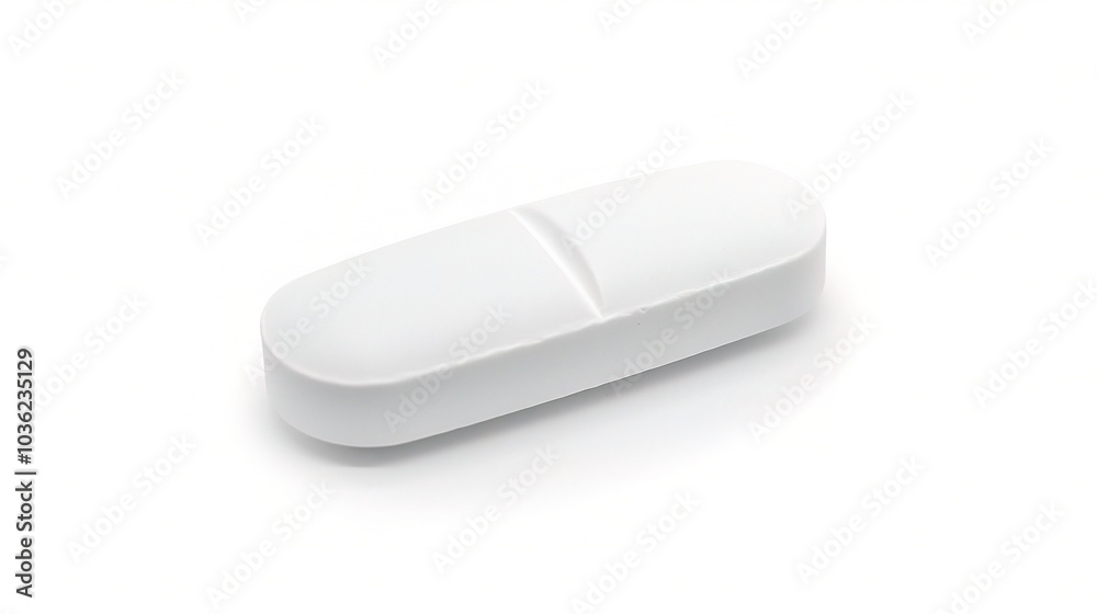 White medicine pill tablet on white background - a symbol of purity and healing. This pristine white pill on an equally white backdrop represents the potential for health and recovery