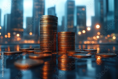 Stacks of coins on a reflective surface with a city skyline illuminated by evening lights at dusk