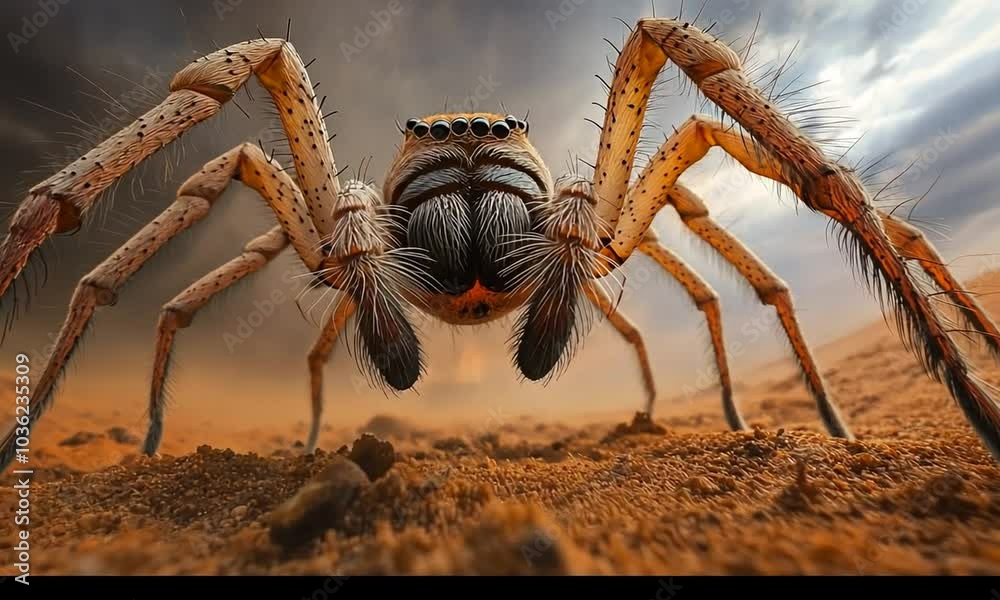 A close-up of a large spider on sandy ground, showcasing its intricate details and textures. A close-up of a large spider on sandy ground, showcasing its intricate details and textures.