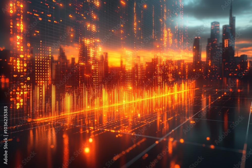 A vibrant digital skyline illuminated by orange lights reflects on calm waters during sunset in a futuristic cityscape A vibrant digital skyline illuminated by orange lights reflects on calm waters during sunset in a futuristic cityscape