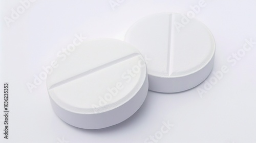 White medicine pill tablet on white background - a symbol of purity and healing. This pristine white pill on an equally white backdrop represents the potential for health and recovery