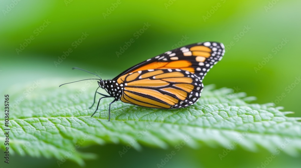 Obraz premium A vibrant orange monarch butterfly perched delicately on a green leaf showcasing its intricate wing patterns