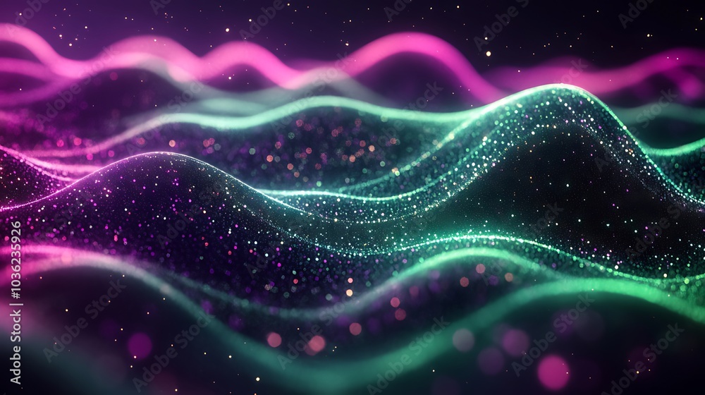 Abstract digital wave of glowing particles in pink, green and blue on a dark background. Abstract digital wave of glowing particles in pink, green and blue on a dark background.
