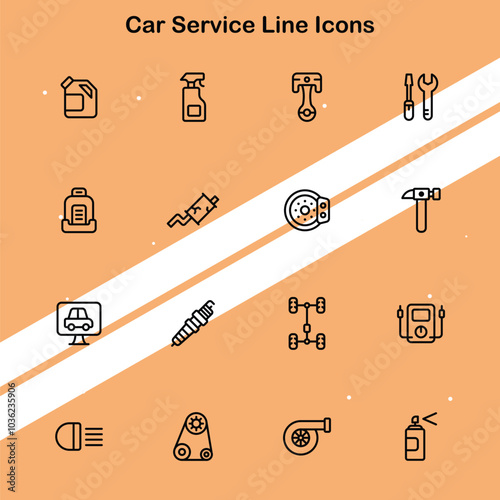 Set of car service line icons illustrating various automotive services ideal for vehicle maintenance themes.