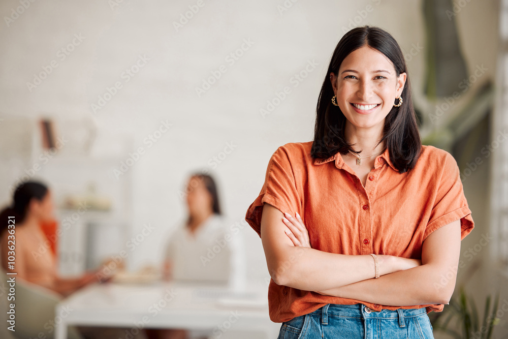 © KayExam/peopleimages.com - Office, businesswoman and portrait with confidence for creative agency, leadership and startup progress. Boardroom, team and female manager with arms crossed for publication industry, smile or career