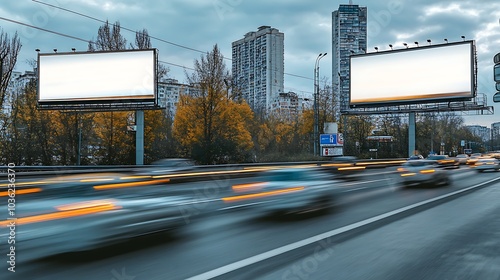 Two empty white billboards facing the highway, ready for future content, cars speeding past.
