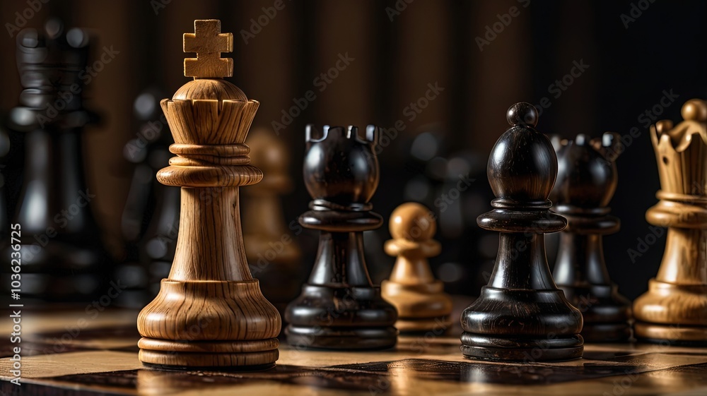 A close-up of a chessboard with wooden and black pieces arranged. A close-up of a chessboard with wooden and black pieces arranged.