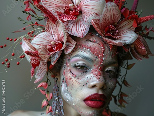 Floral Crown Beauty Portrait: Woman with Red and White Flowers