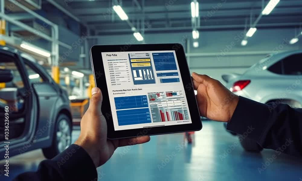 A person using a tablet in an automotive workshop, monitoring vehicle maintenance tasks. A person using a tablet in an automotive workshop, monitoring vehicle maintenance tasks.