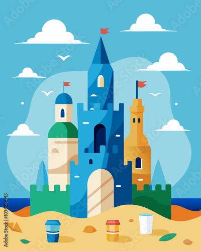 At a local beach large sandcastle sculptures made from discarded plastic bottles educate visitors about the environmental impact of marine waste.. Vector illustration