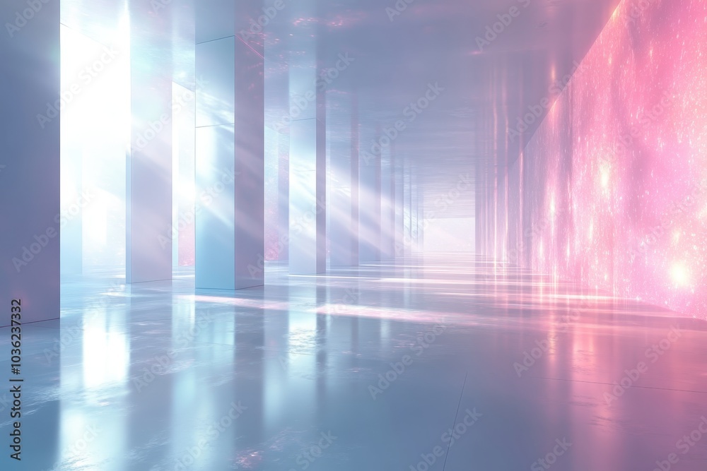A serene and illuminated corridor with soft pink and blue hues reflecting on the polished floor in a modern setting A serene and illuminated corridor with soft pink and blue hues reflecting on the polished floor in a modern setting