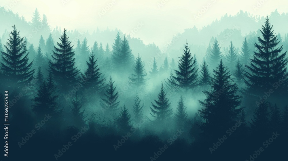A serene view of a misty evergreen forest, showcasing layers of dark green trees and a mystical atmosphere. Perfect for nature lovers.
