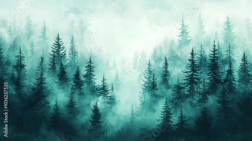 A serene and ethereal forest scene showcasing tall, dense pine trees shrouded in mist and subtle gradients of green and blue, creating a tranquil atmosphere.