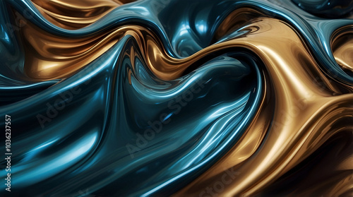 Abstract Fluid Metallic Waves In Glossy Gold And Blue Tones Flowing Seamlessly Together Creating A Smooth And Luxurious Texture