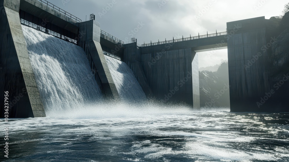 Water Flow at Modern Hydroelectric Dam Structure Water Flow at Modern Hydroelectric Dam Structure