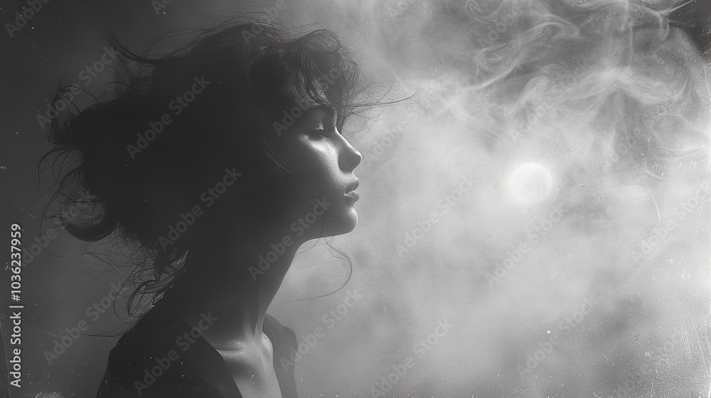 Mysterious Woman in a Haze of Smoke - Black and White Portrait Photography