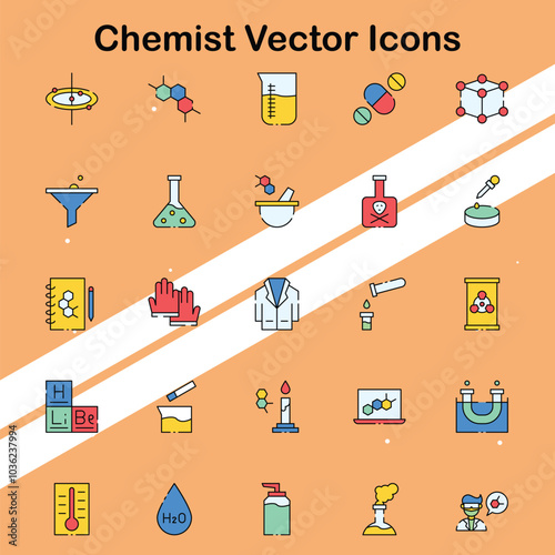 Set of chemist vector icons depicting laboratory equipment and chemical experiments ideal for science and research themes.