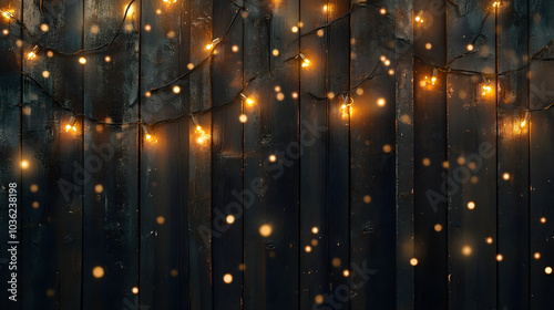 Twinkling fairy lights glowing softly against a backdrop of textured dark wood creating a rustic holiday feel