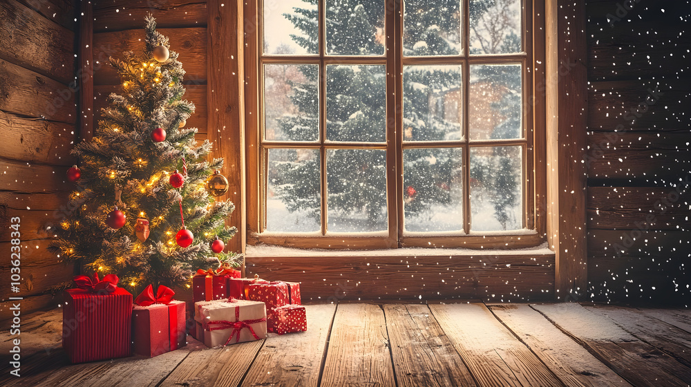 Winter cabin scene with a beautifully decorated tree and gifts resting on a wooden floor as snow falls gently outside the window Winter cabin scene with a beautifully decorated tree and gifts resting on a wooden floor as snow falls gently outside the window