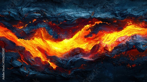 A vivid representation of molten lava flowing through dark, rocky terrain. The colors blend beautifully, showcasing nature's power and beauty.