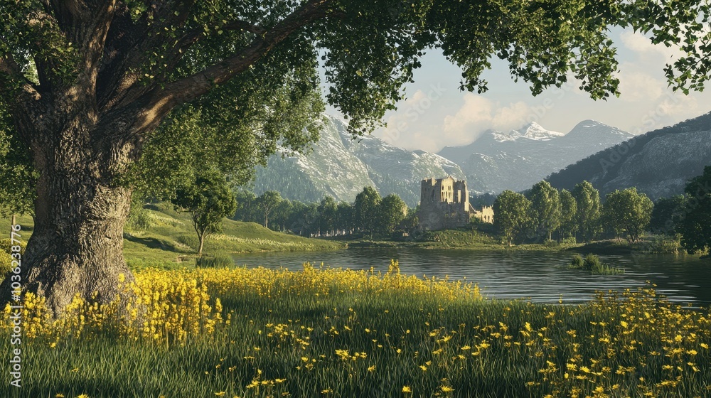 Fototapeta premium Medieval landscape outdoors nature.