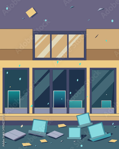 Boards cover the windows of the abandoned electronics store its shelves and gathering dust.. Vector illustration