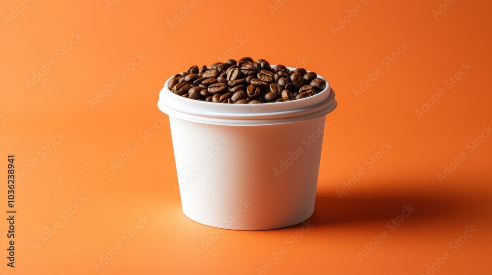 Orange background with white lid and roasted coffee beans. Orange background with white lid and roasted coffee beans.