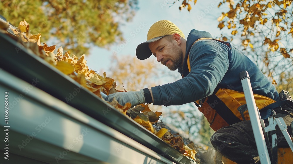 Handyman cleaning gutters on a house roof, ensuring proper drainage Handyman cleaning gutters on a house roof, ensuring proper drainage