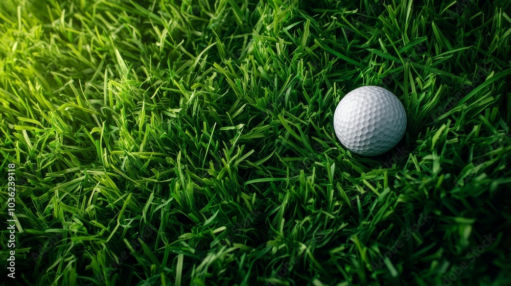 Golf ball balanced on a tee, detailed texture, close-up view from above, lush green grass surrounding, natural outdoor lighting, sports focus Golf ball balanced on a tee, detailed texture, close-up view from above, lush green grass surrounding, natural outdoor lighting, sports focus