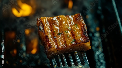 Grilled Meat on Fork Over Charcoal Grill photo