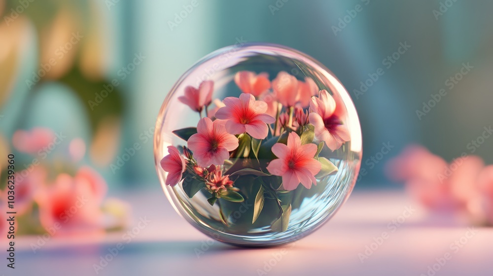 a glass ball with flowers inside of it on a table. generative ai