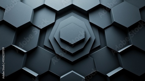 This image features a close-up view of intricate hexagonal patterns in dark tones, showcasing a sleek and modern design aesthetic.