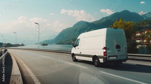 A white van drives along a scenic coastal road with mountains in the background. Concept of travel and logistics. For transportation services advertisements