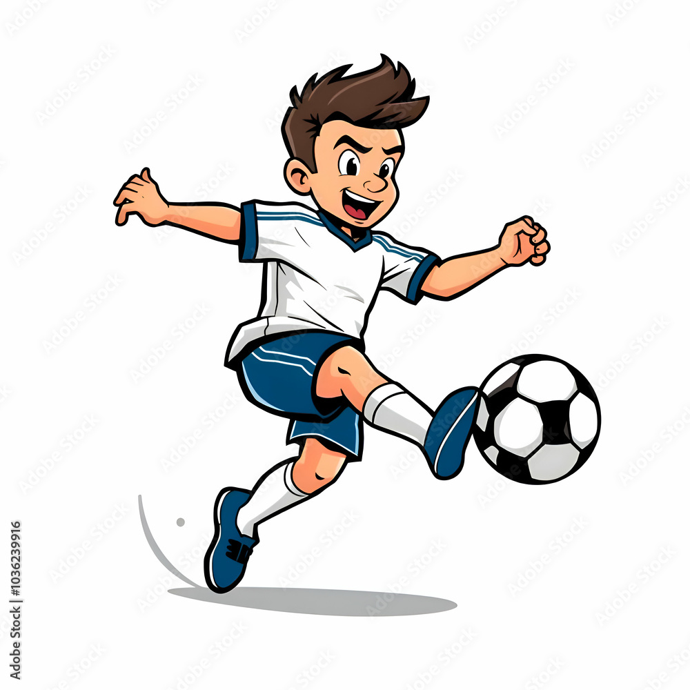 Happy cute little boy playing soccer football game in action cartoon vector illustration, kid player kicking ball design template isolated on white background Happy cute little boy playing soccer football game in action cartoon vector illustration, kid player kicking ball design template isolated on white background