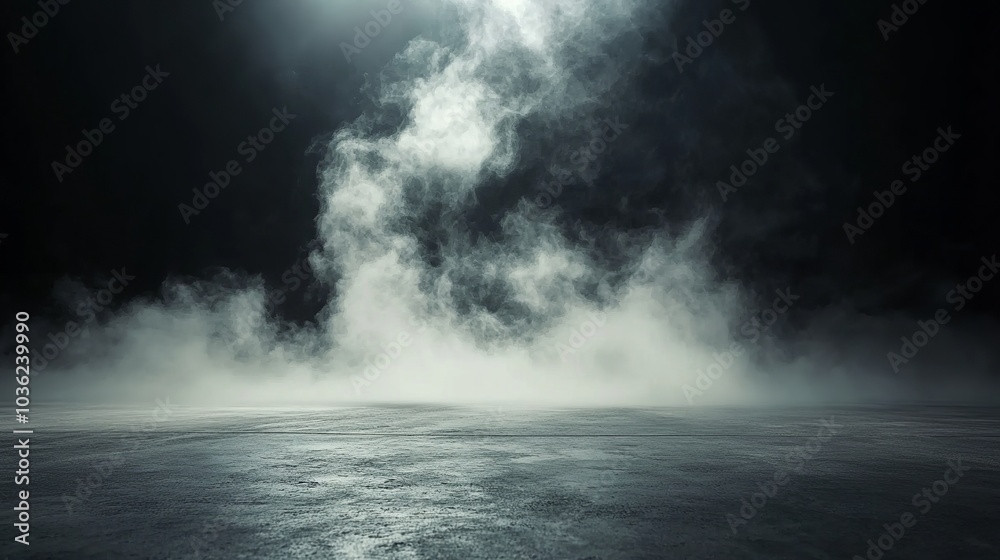 Abstract Dark Room with Concrete Floor - Panoramic Fog View for Product Placement Abstract Dark Room with Concrete Floor - Panoramic Fog View for Product Placement