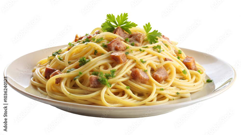 Delicious plate of pasta with parsley and ham, isolated on transparent or white background Delicious plate of pasta with parsley and ham, isolated on transparent or white background
