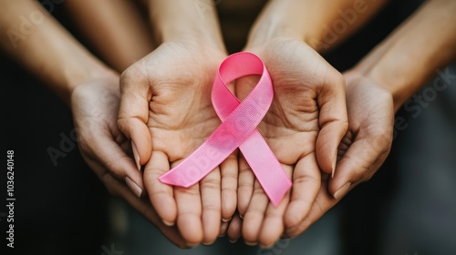 Wallpaper Mural Hands holding a pink ribbon, symbolizing breast cancer awareness and women's health. Torontodigital.ca