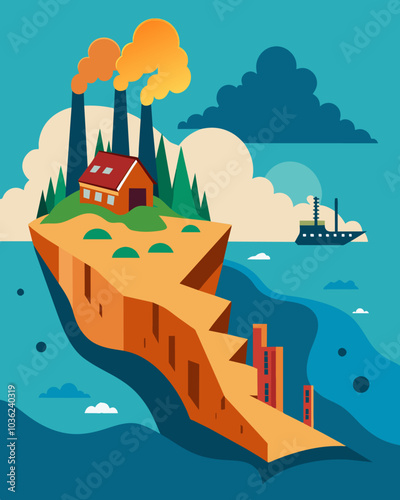 Coastal erosion and loss of land is a concerning impact of climate change made worse by the dumping of industrial waste in these vulnerable areas.. Vector illustration