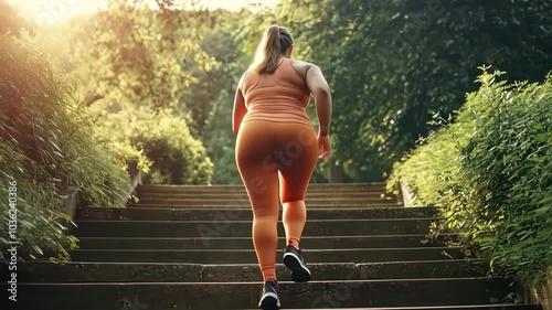 An overweight woman going up the stairs in the park.