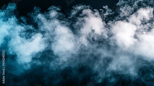 Panoramic View of Abstract Fog or Smoke on Black Background - White Cloudiness, Mist, and Smog