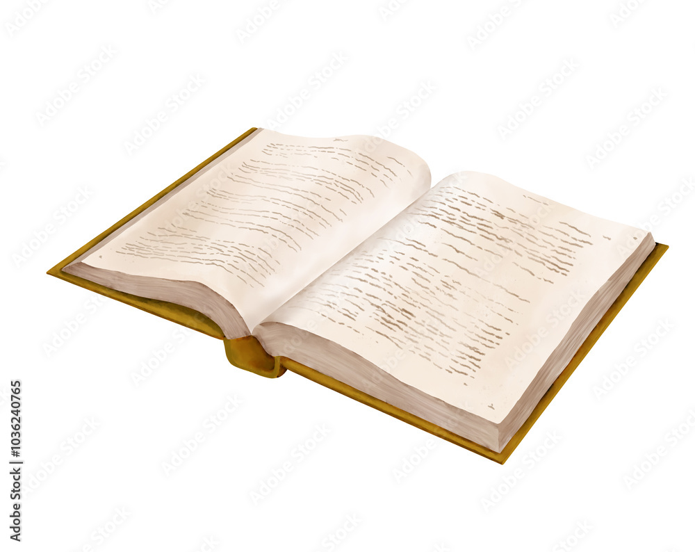 Fototapeta premium An open book with yellowed pages lies. Watercolor illustration in digital style. An old book in a brown cover, isolated on a white background. For a book lover, on school and student themes.