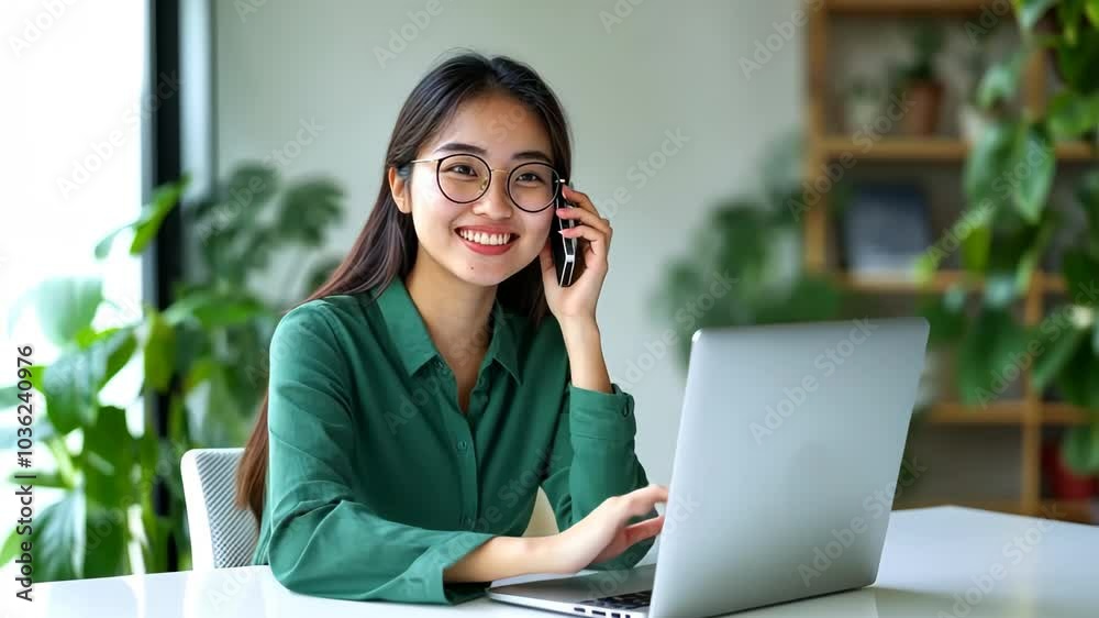 Asian woman sitting at a white desk using a laptop and waving her hand. Asian woman sitting at a white desk using a laptop and waving her hand.