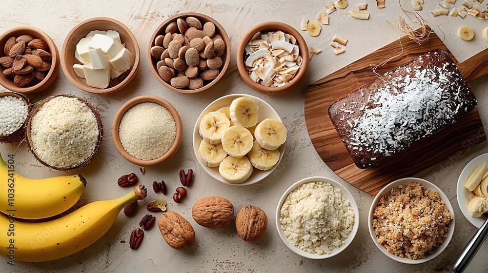 A variety of ingredients for a healthy dessert, featuring fruits, nuts, and coconut. A variety of ingredients for a healthy dessert, featuring fruits, nuts, and coconut.
