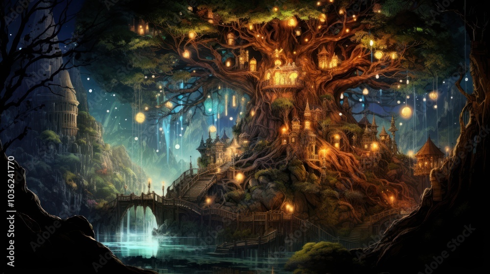 Obraz premium Enchanted Forest Treehouse Village