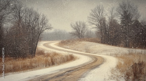 A narrow, winding road cuts through a serene winter landscape, with snow gently falling and blanketing the ground. Leafless trees stand along the roadside, enhancing the quiet, chilly atmosphere.