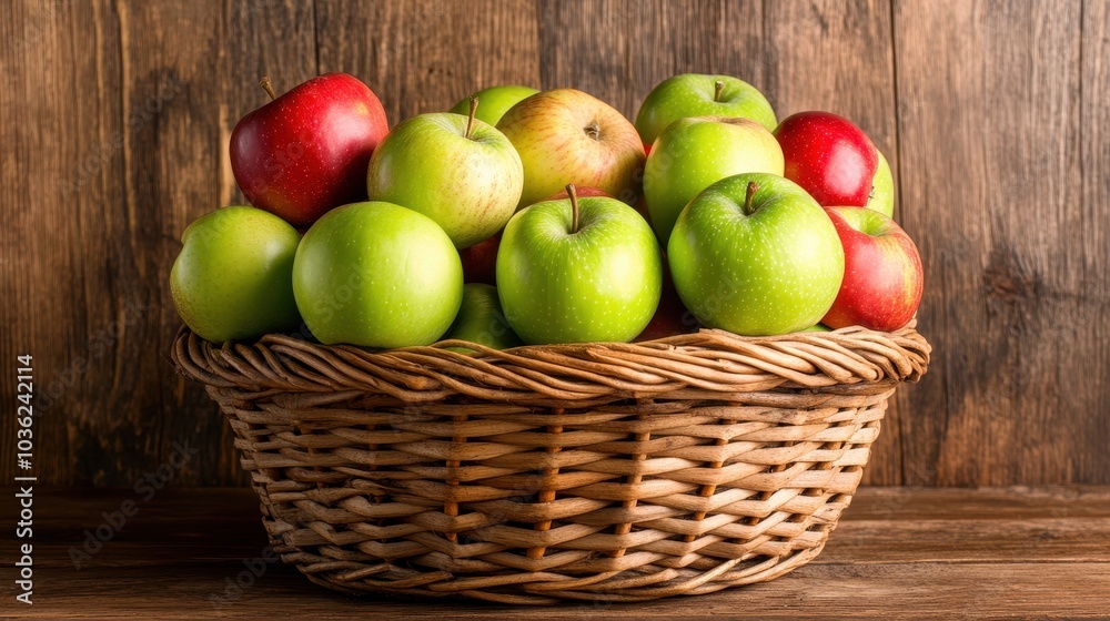 A wicker basket brimming with green and red apples atop a wooden table adjacent to a wooden wall A wicker basket brimming with green and red apples atop a wooden table adjacent to a wooden wall