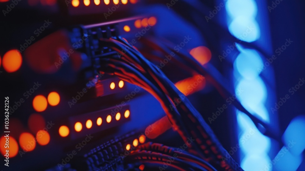 Close-up of Server Racks with Cables and Leds Close-up of Server Racks with Cables and Leds