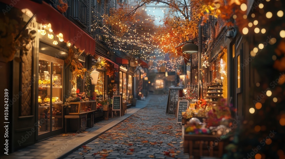Naklejka premium A charming shopping street adorned with autumn decorations and illuminated store windows, creating a cozy, festive atmosphere